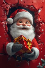 3D cartoon-style illustration, with a cute smiling Santa Claus peeking out from a hole in a red wall, holding a present box