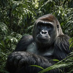 Fototapeta premium Frame a gorilla resting in a lush rainforest.
