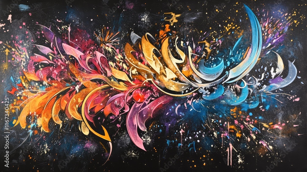 Poster abstract calligraphy with explosive fireworks in the background, creating a festive, energetic compo
