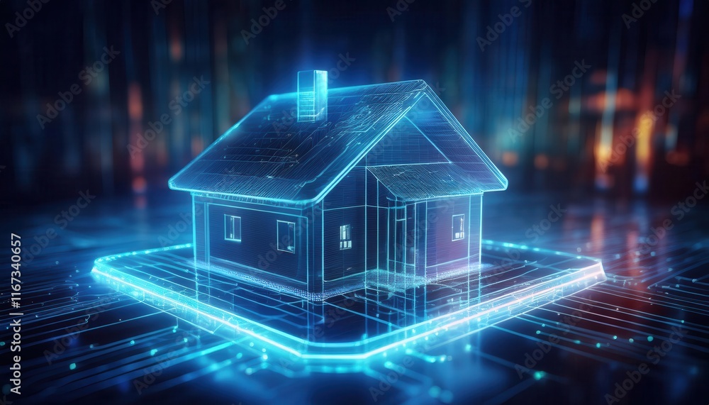 Poster a futuristic digital representation of a house, showcasing technology and innovation in virtual envi