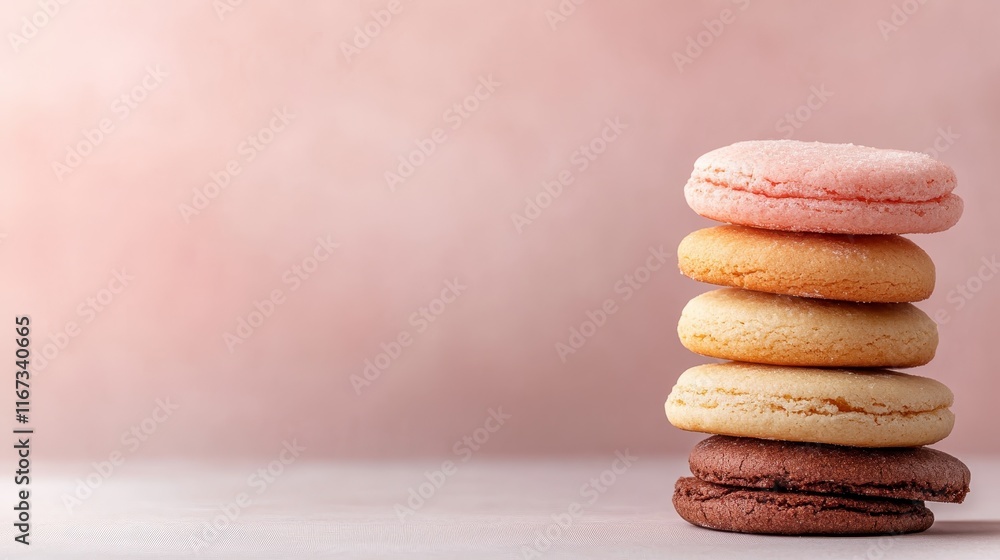 Poster this image displays a stack of vintage-style cookies, showcasing a range of pastel colors; the overa