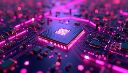 Futuristic Purple Circuit Board with Glowing Neon Accents and Detailed Electronic Components