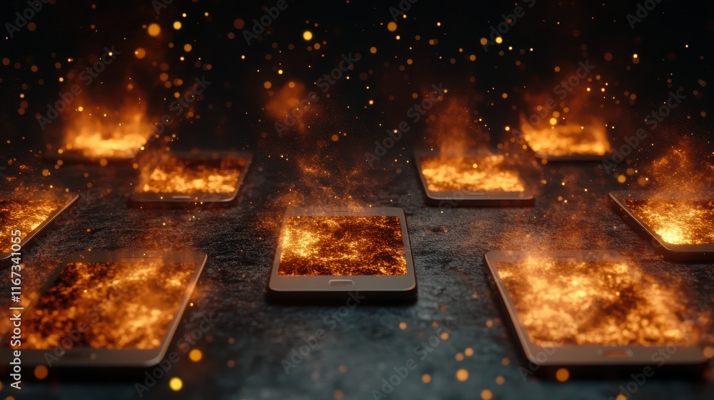 Poster an abstract representation of smartphones with fiery eruptions, symbolizing the overwhelming and dyn