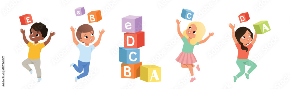 Aufkleber children learn alphabet with toy block in kindergarten vector set