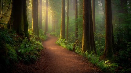 Obraz premium Sunbeams illuminate a winding forest path, lush ferns line the trail, fog creates a mystical atmosphere.