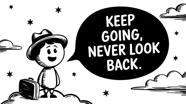 A motivational quote "Keep going, never look back" on a white background, with a cloud-like thought representation, inspiring perseverance.
