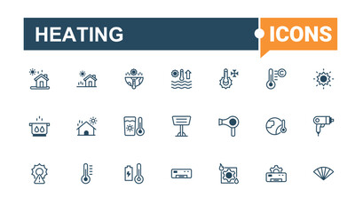 Heating icons set. Contains such icons as vent, flow, up, heating, icon, pipe, cook, sun. Simple line vector. Editable vector outline and solid icons.