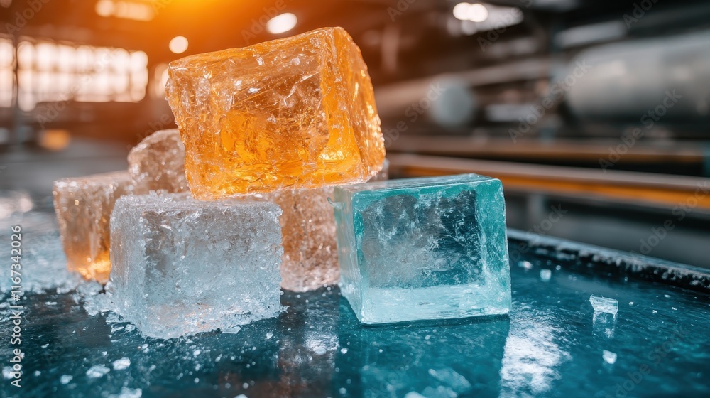Poster an arrangement of translucent glass cubes resembling ice glimmers under warm lighting, creating a fa