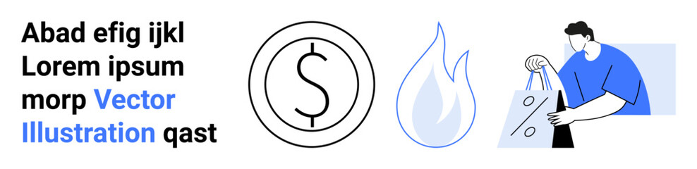 Man carrying a shopping bag, a dollar symbol, a flame illustration, and a text block. Ideal for marketing, finance, business, economy shopping sustainability themes graphic design. Landing page