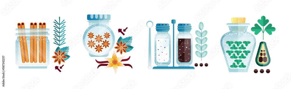 Poster spice and condiment flat object and item vector set
