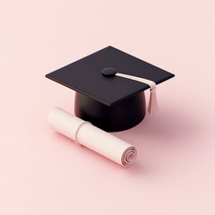 3D isometric icon of a black graduation cap with a rolled up diploma.