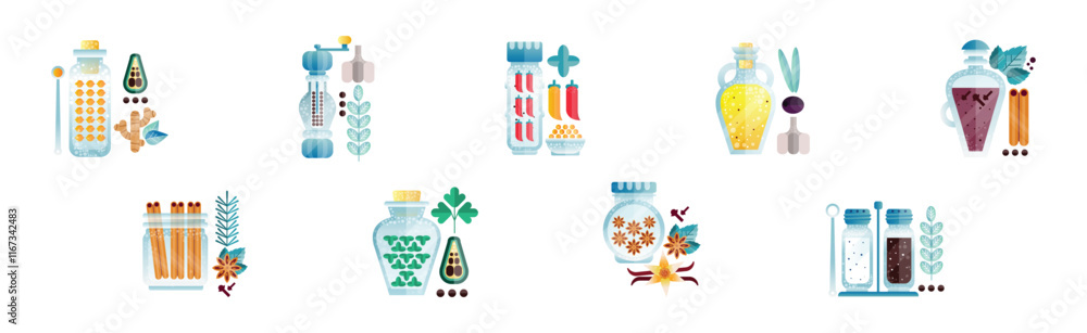 Aufkleber spice and condiment flat object and item vector set
