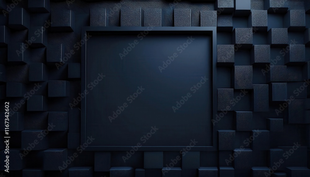 Poster a dark, textured wall with a central empty frame, creating a minimalist and modern aesthetic suitabl