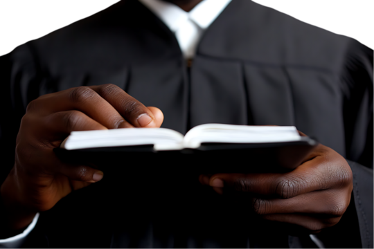 A person in a black robe holding an open book, likely a legal or religious text. - Powered by Adobe