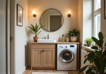 bathroom features sink mirror lamps surrounding washing machine nearby plants small wooden closet storage