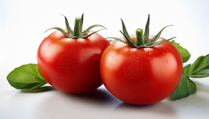 two fresh red tomato with green leaves