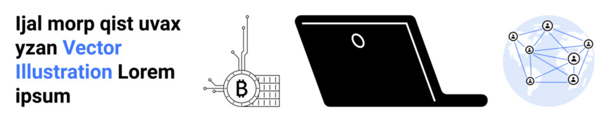 Black laptop, blockchain symbol, and network nodes connected with lines in blue. Ideal for tech articles, coding tutorials, blockchain course material, cryptocurrency websites, digital security