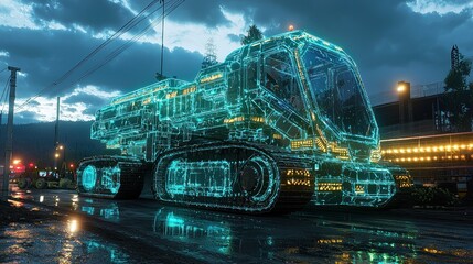 Holographic snow groomer on wet city street at dusk.