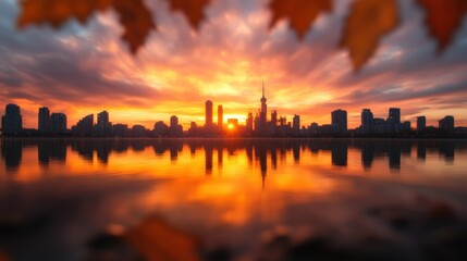 Obraz premium An enchanting view of a city skyline at sunset framed by autumn leaves, reflecting on the water, merging nature with urban beauty in harmony.