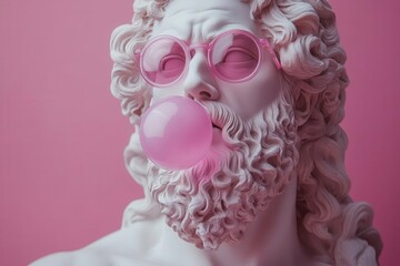 greek sculpture of zeus depicted with whimsical pink glasses and blowing a large bubble of pink bubble gum merging classical art with playful modernity in a humorous twist