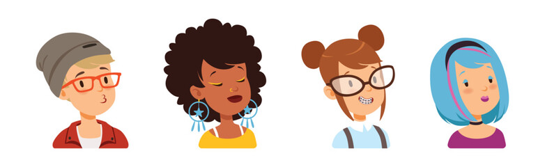 Man and Woman Head and Profile Portrait Vector Set