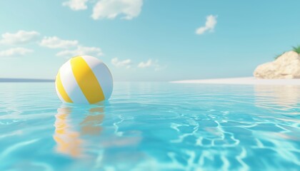 Summer Leisure: Illustration Of A Vibrant Yellow And White Beach Ball Drifting On The Crystal Blue Waters Of A Swimming Pool.