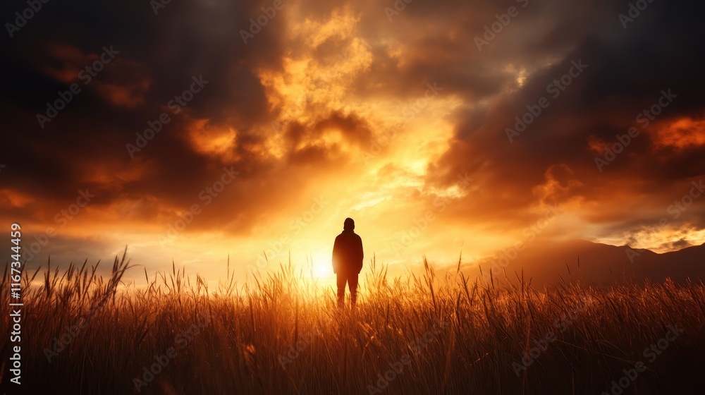 Poster a dark figure stands still in a grassy field during sunset, surrounded by dynamic clouds, creating a