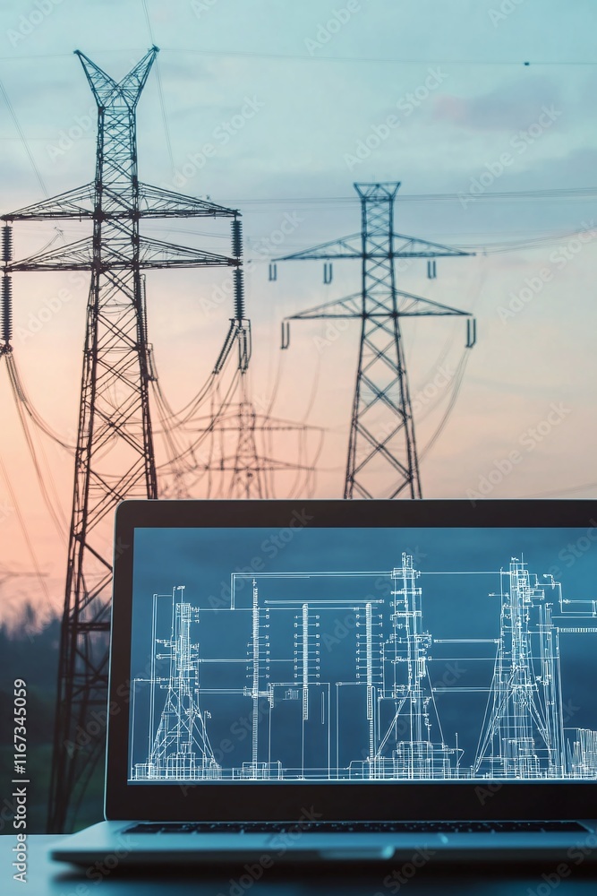 Poster cad interface showing an electrical power grid disaster response schematic on a laptop.