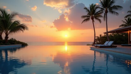 Obraz premium Tropical Paradise Sunset: Infinity Pool Reflections