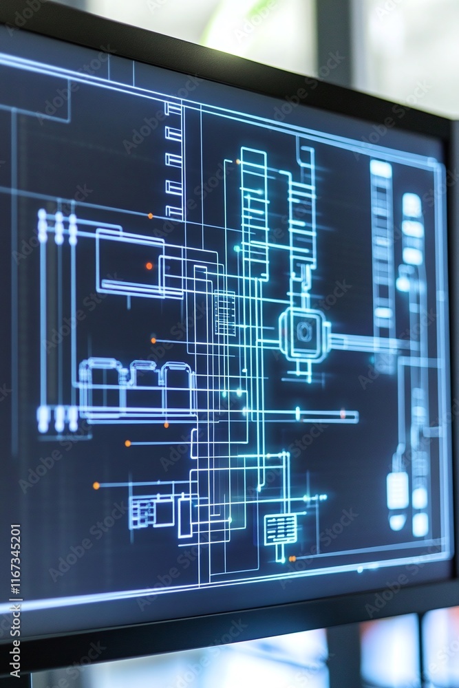 Poster cad layout of a futuristic smart grid system with iot integration displayed on a computer monitor.