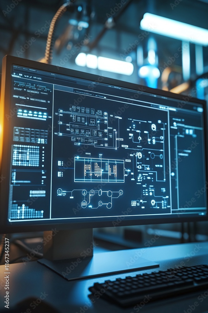 Poster cad layout of a futuristic smart grid system with iot integration displayed on a computer monitor.