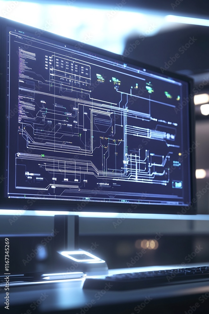 Poster cad layout of a futuristic smart grid system with iot integration displayed on a computer monitor.