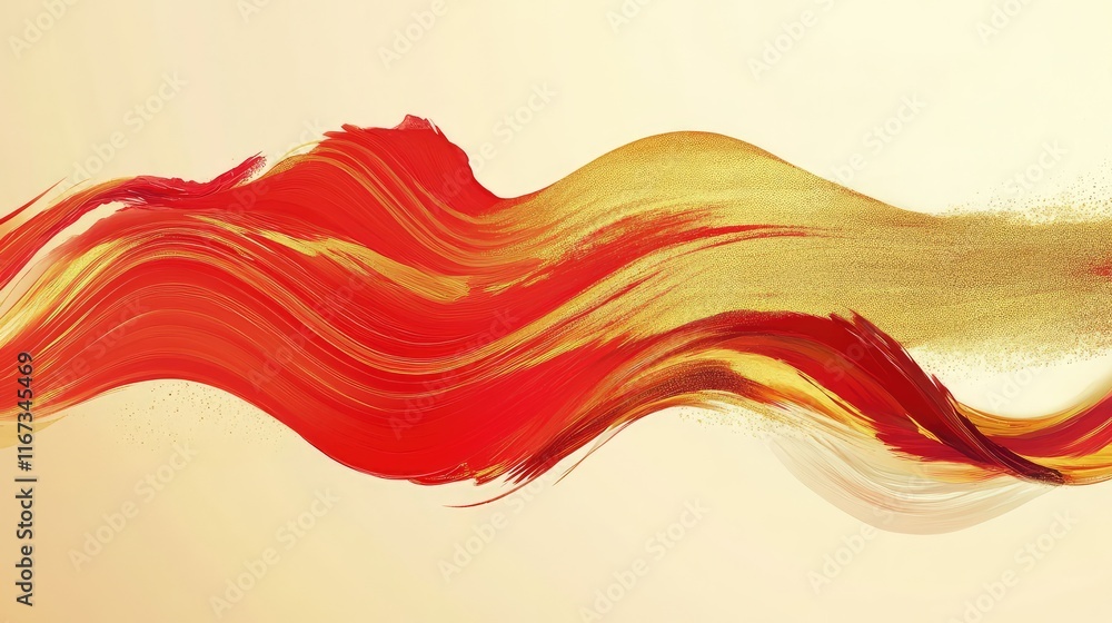 Poster abstract chinese brushstroke art with smooth, flowing lines in red and gold, creating a dynamic fest