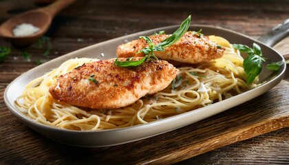 Fototapeta premium tasty chicken piccata on a wooden surface close up