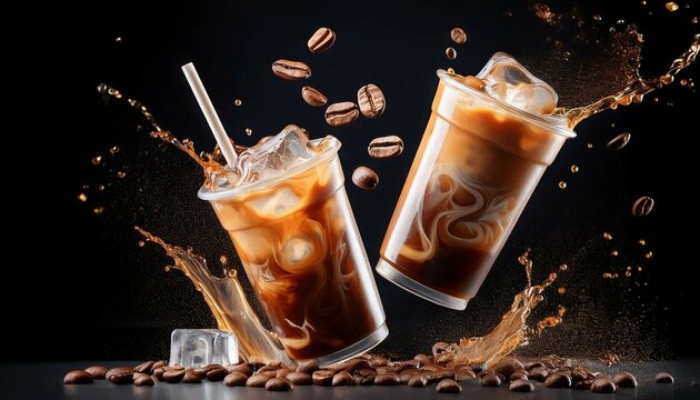 two iced coffees with ice and coffee beans are floating in mid air against a black background with coffee splashing around them