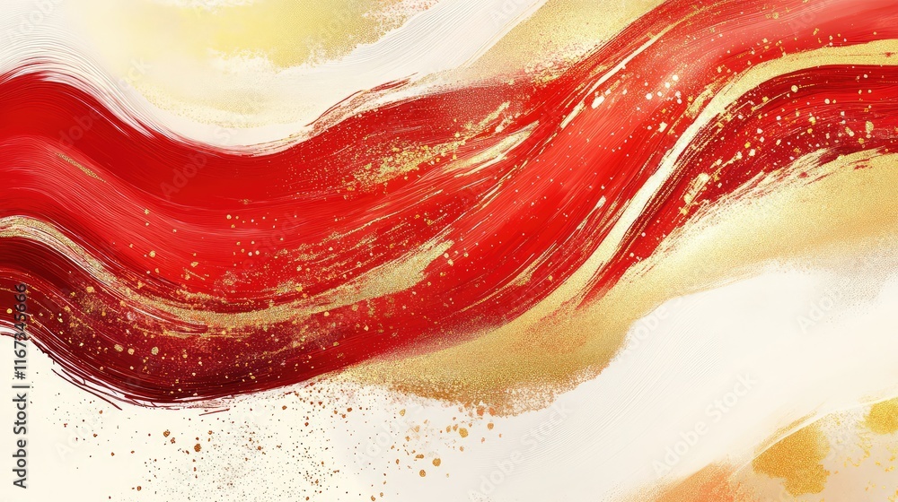 Poster abstract chinese brushstroke art with smooth, flowing lines in red and gold, creating a dynamic fest
