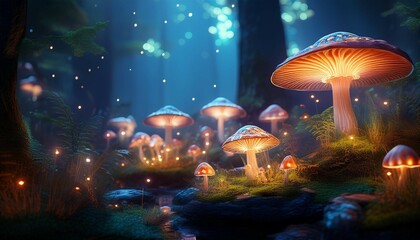 enchanting illuminated mushrooms in mystical scene