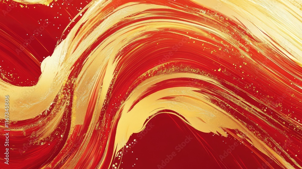 Poster abstract chinese brushstroke art with smooth, flowing lines in red and gold, creating a dynamic fest