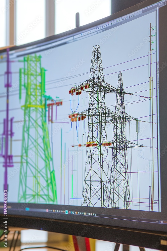 Poster cad software displaying a detailed plan of power grid distribution in rural and urban areas on a com