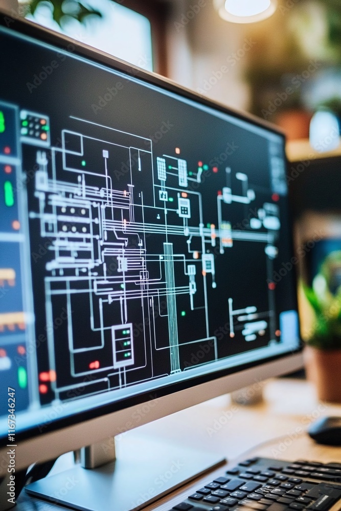 Aufkleber cad software illustrating the layout of an interconnected power grid on a high-definition screen.
