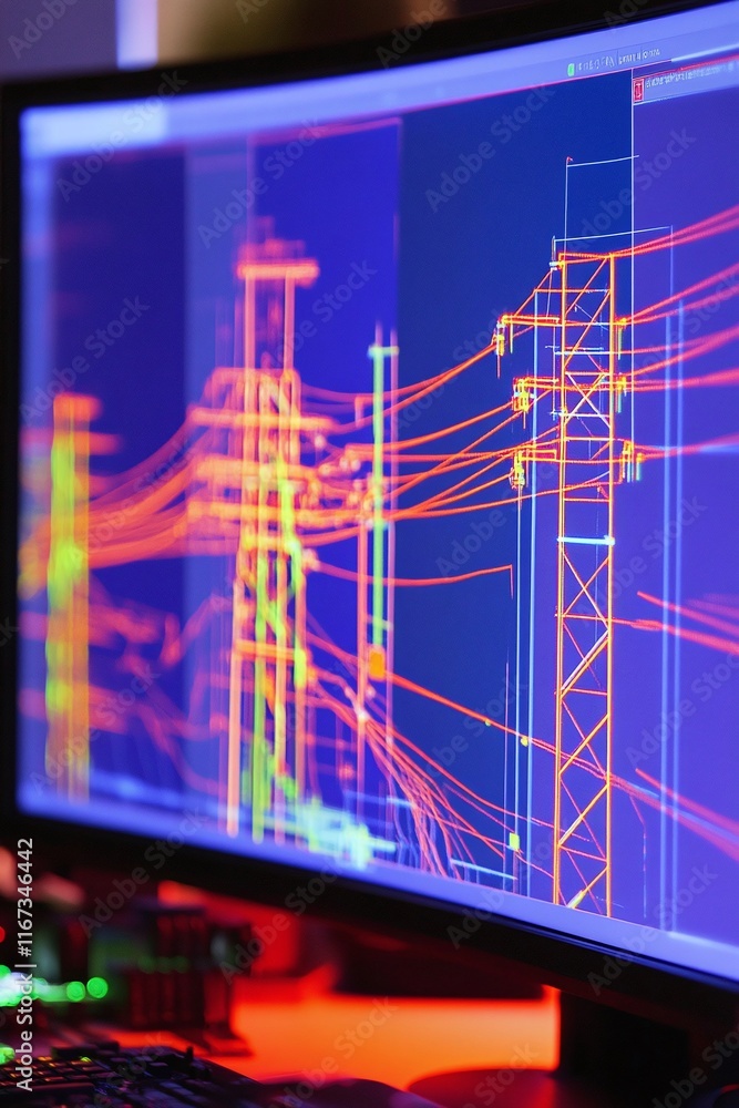Poster cad software on a desktop illustrating a cross-country electrical power grid with transmission lines