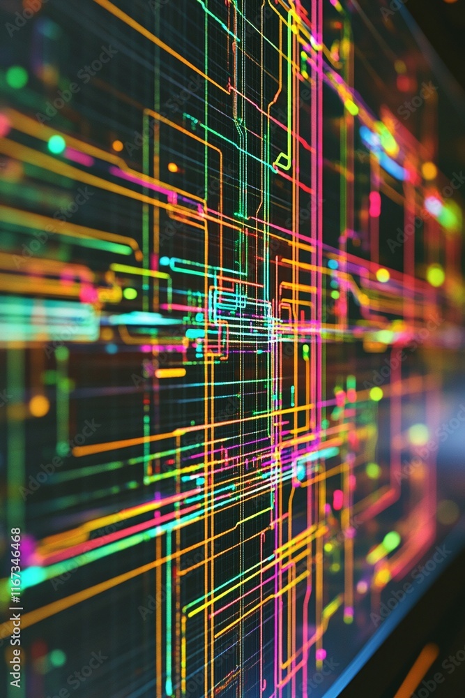 Poster cad software open on a computer illustrating an electrical power grid with color-coded circuits and 
