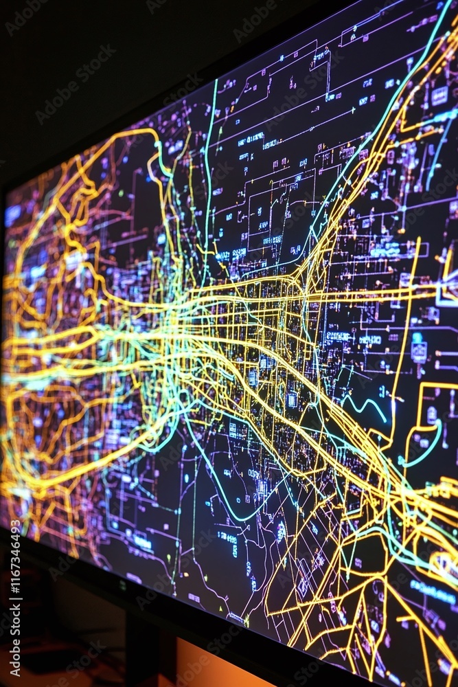 Poster CAD software showing a citywide power grid map with energy flow dynamics on a large monitor.