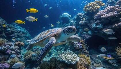Marine Life in Underwater Aquarium with Loggerhead Sea Turtle and Coral