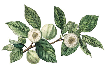 Hand-Drawn Watercolor Illustration of Green Grapefruit with Leaves and Branch, Fresh Citrus Fruit and Botanical Art