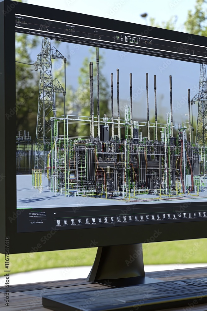 Aufkleber computer displaying a cad model of power substations with renewable energy connections.