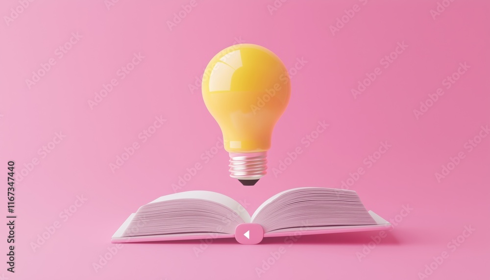 Poster yellow light bulb illuminating open book, play button on pink background: tips for education and kno