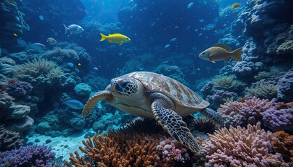Marine Life in Underwater Aquarium with Loggerhead Sea Turtle and Coral