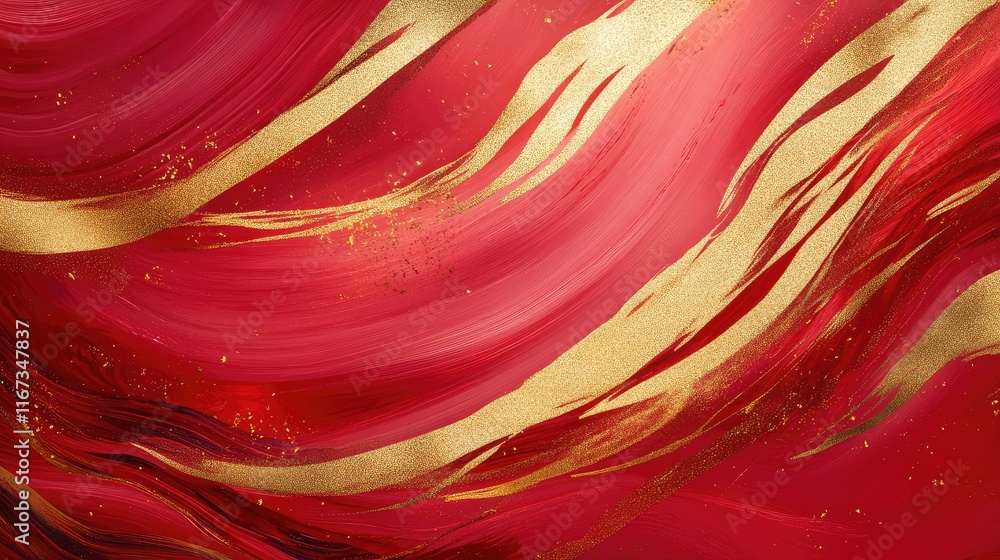 Poster abstract chinese brushstroke art with smooth, flowing lines in red and gold, creating a dynamic fest