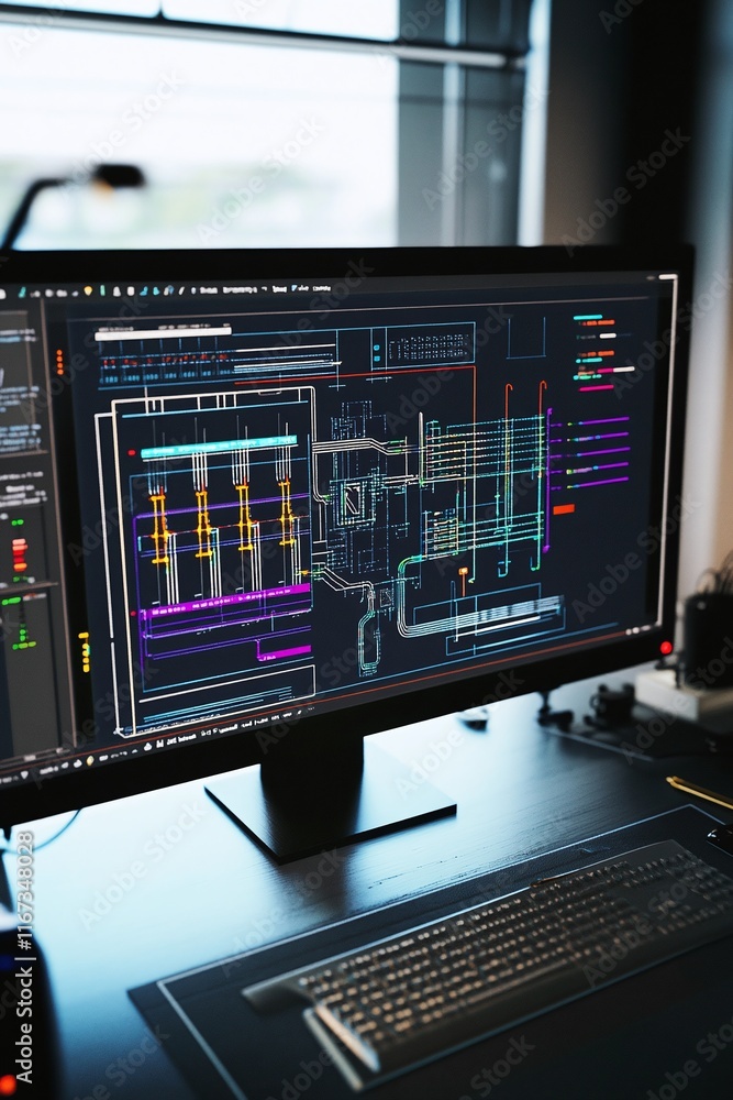 Aufkleber computer screen showing a cad schematic of energy flow in a smart grid system.